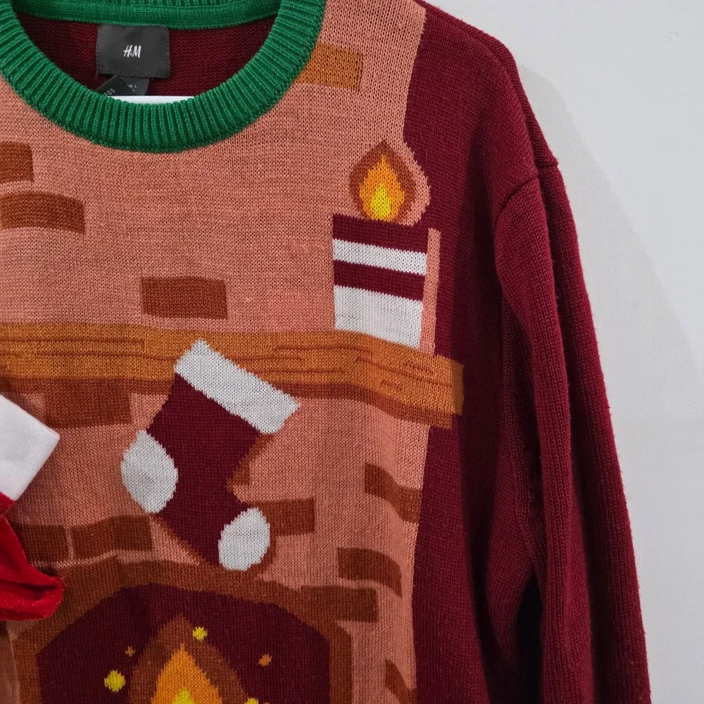 H&M Mens Ugly Christmas Sweater Size Large Red Fireplace 3D Stocking Holiday